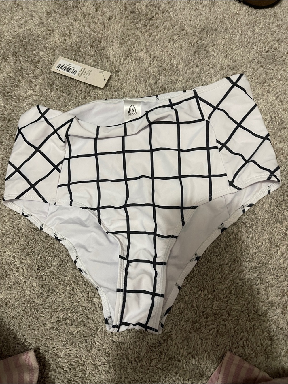 High-Waist Grid Print Bikini Bottom - White/Black